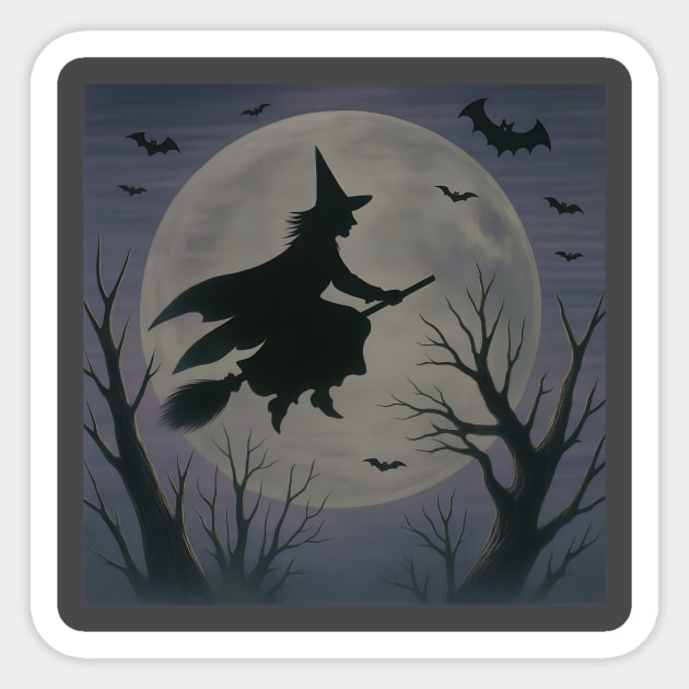 Halloween Witch Flying Across the Moon – Spooky Night Bats Silhouette Design Sticker by DonWillisJrArt